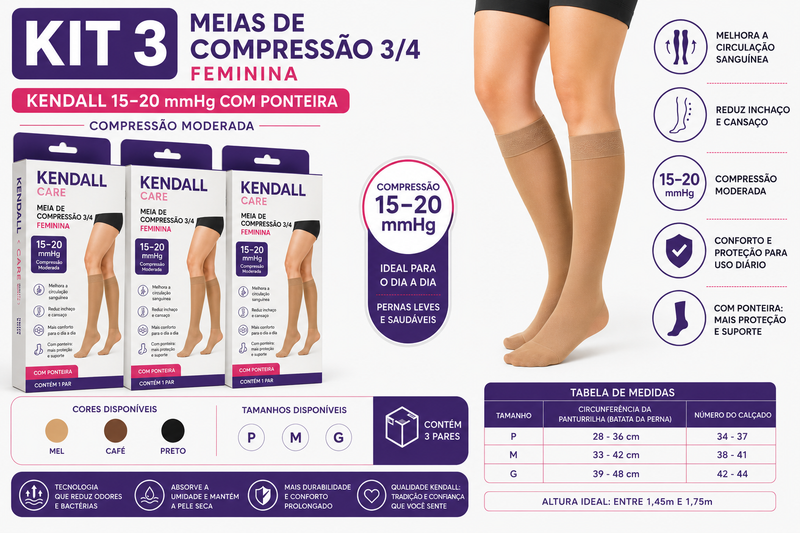 Kit 3 Meias de Compressão 3/4 Kendall Care (15–20 mmHg) Com Ponteira